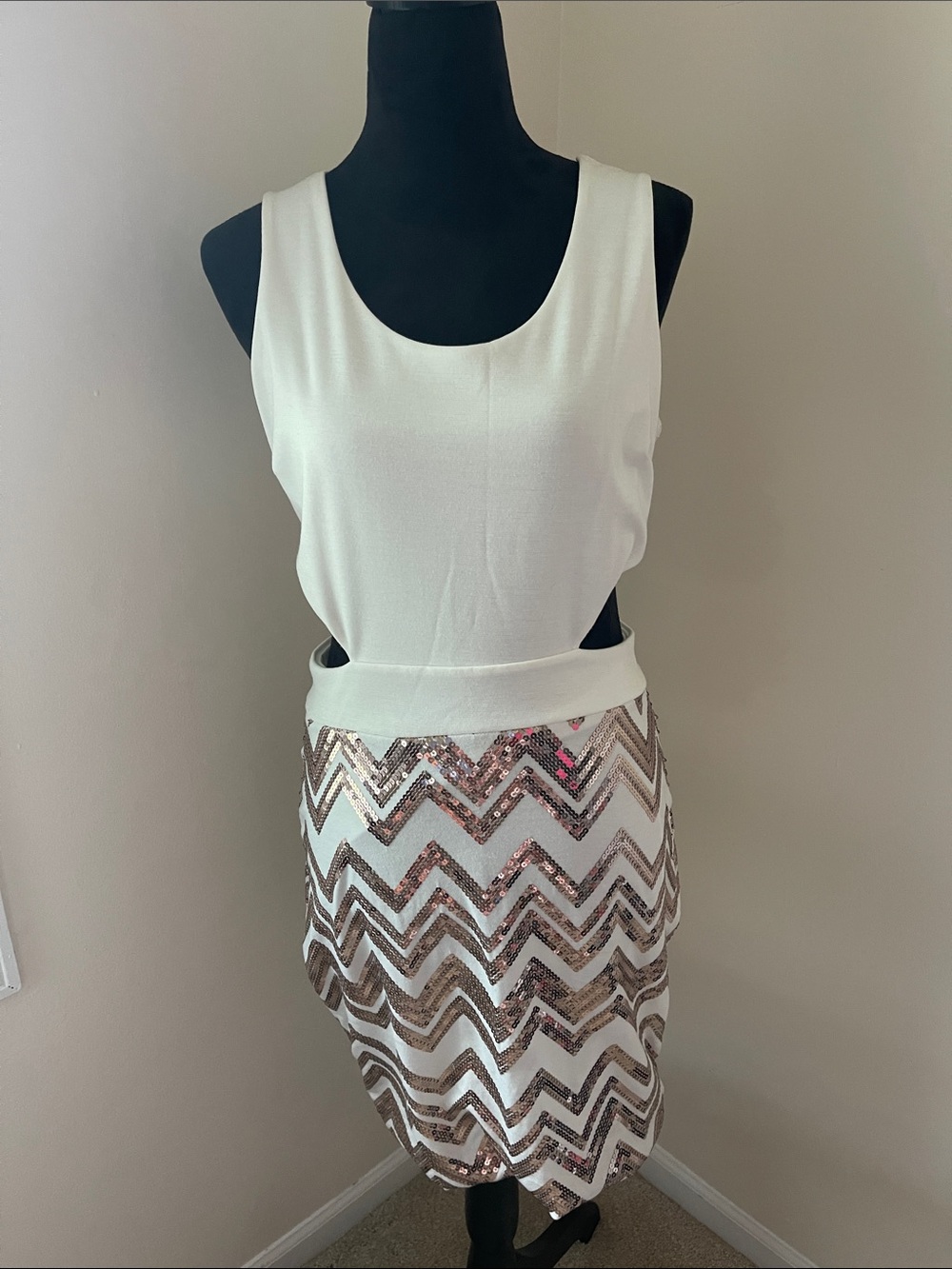 White Sequin Chevron Pencil Skirt w Cut-Outs